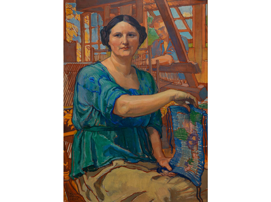 A painting portraying a woman weaving at a loom while another weaver works in the background.