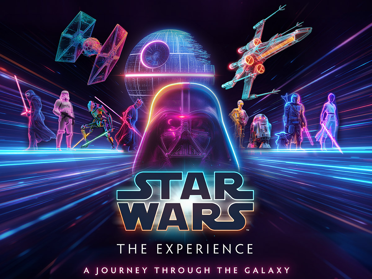 Graphic for Star Wars: The Experience, a new exhibition opening at The Franklin Institute February 2027. The image features Darth Vader's helmet and other Star Wars graphics highlighted in pink and blue.
