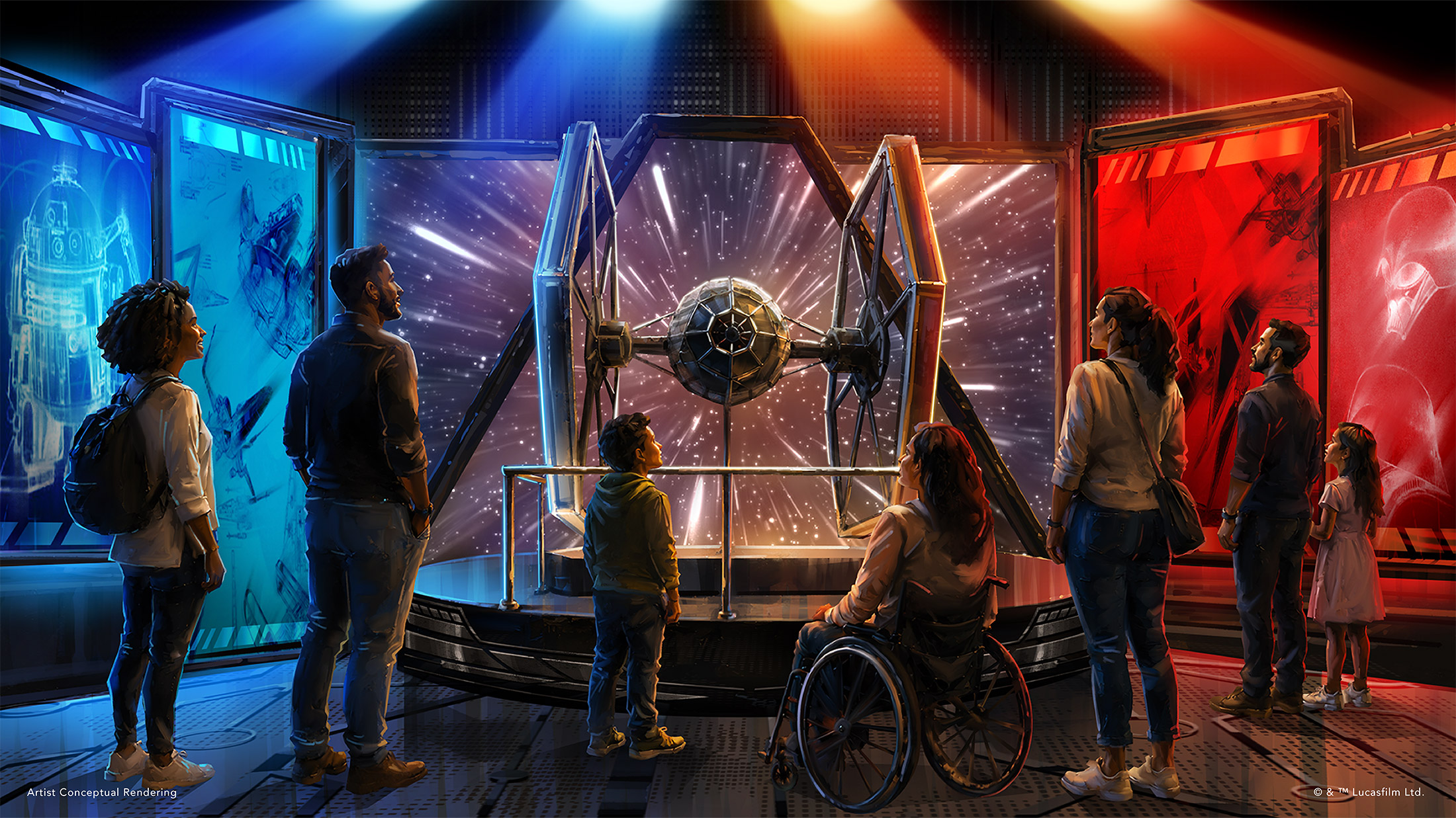 A rendering of the Wireframe Worlds gallery at the new Star Wars exhibit at The Franklin Institute. People stand around a TIE fighter display beneath red and blue lights.