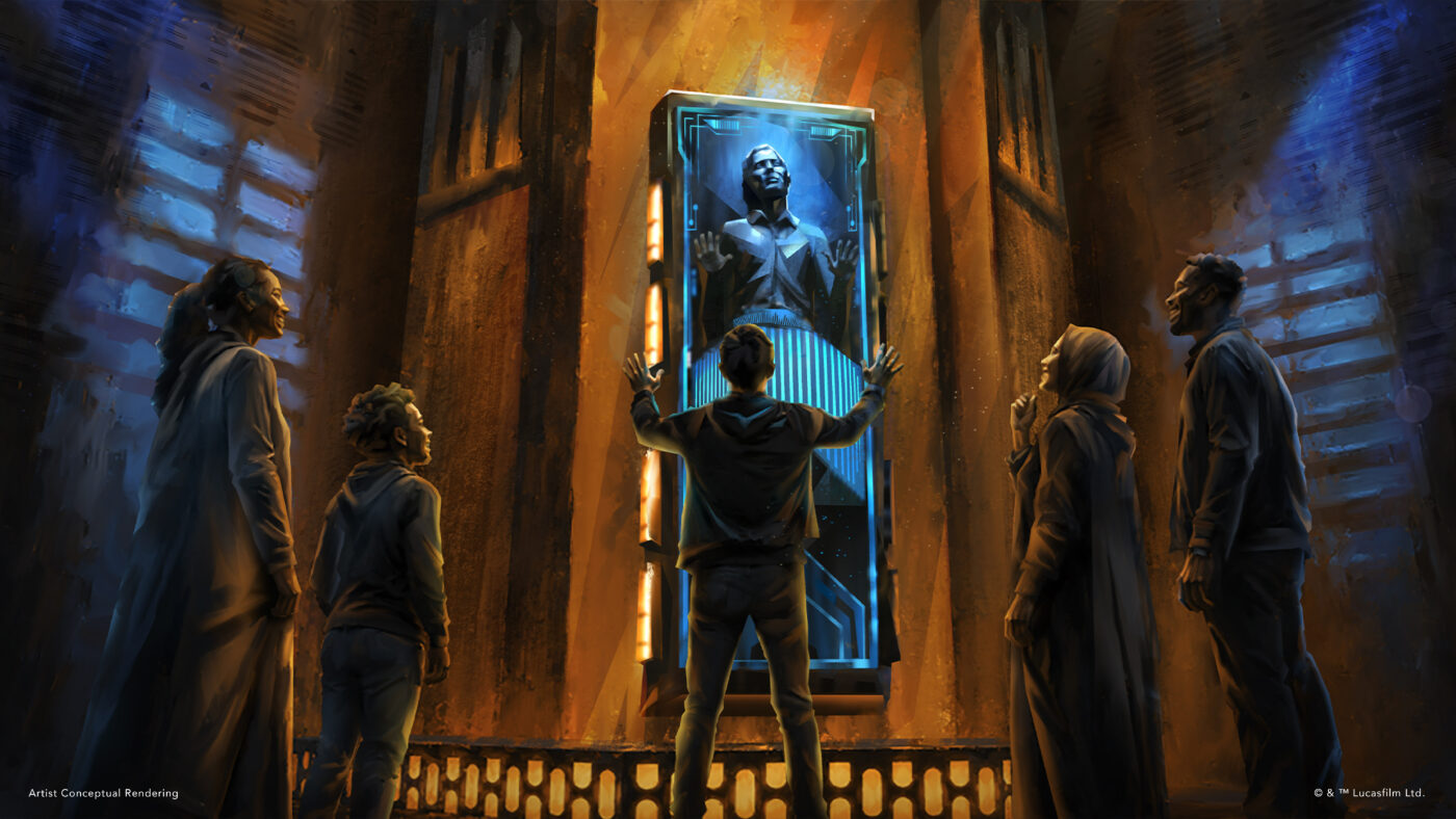Han Solo stands frozen in carbonite in this conceptualized rendering of the new Star Wars exhibition.