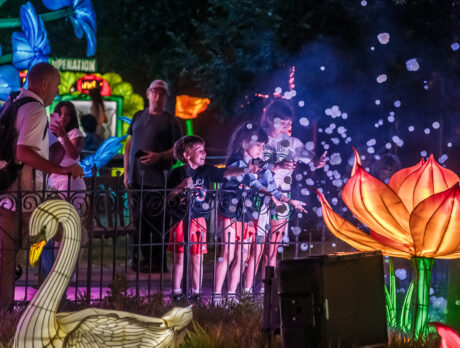 Three children play with floating bubbles beside a glowing lotus flower lantern and a swan lantern during the Philadelphia Chinese Lantern Festival at night.