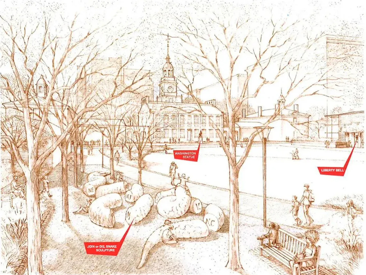 An artistic rendering of the new Join or Die sculpture, featuring segmented snake sculptures winding through a landscaped plaza with Independence Hall in the background.