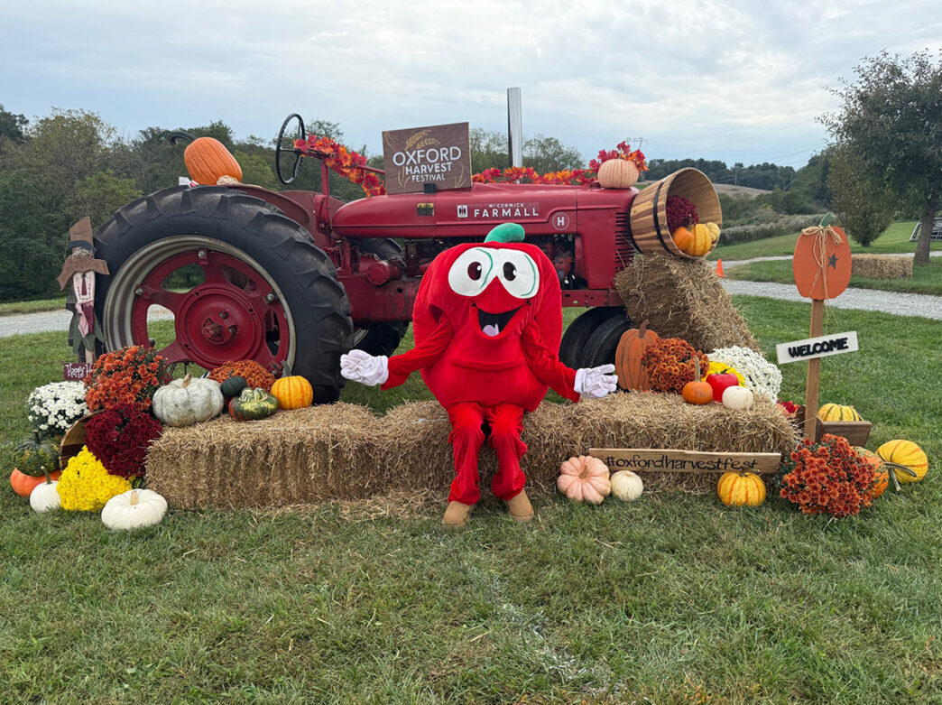 A costumed apple mascot sittings on a bale of hay in front of a vintage red tractor decorated with pumpkins, mums and other fall decor.