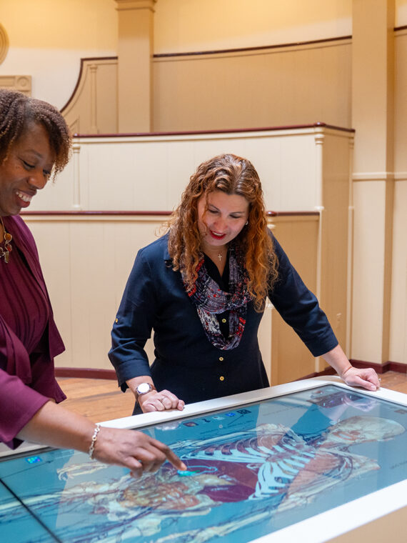 Two people explore a digital anatomical model of the human body on an interactive Anatomage table inside the Pennsylvania Hospital Museum.