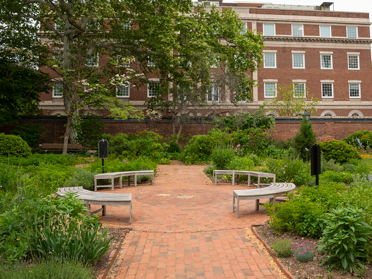 A red brick pathway leads to a lush Physic Garden at Pennsylvania Hospital, with curved wooden benches surrounded by bushes and flowers.