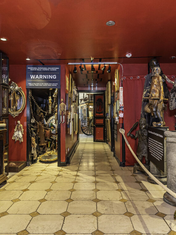 A hallway of horrifying artifacts inside the VAMPA Vampire & Paranormal Museum in Doylestown, Bucks County.