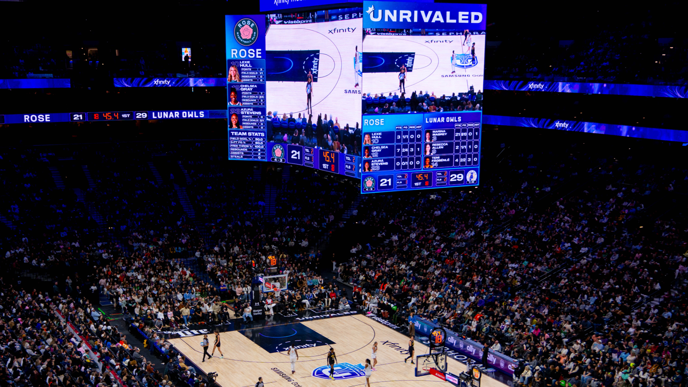 A packed arena surrounded a basketball court during an Unrivaled game between the Rose and Lunar Owls, with the center scoreboard displaying the live action and score.