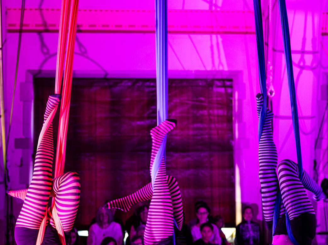 Aerial performers wearing black-and-white striped tights hang upside down from colorful silks beneath vivid pink and purple lighting.