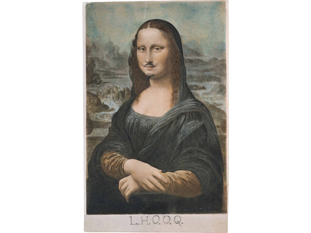 A reproduction of the Mona Lisa altered with a drawn on mustache and goatee.