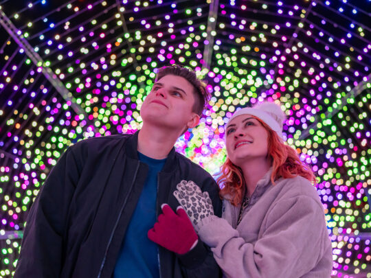 A warmly dressed couple stands inside a tunnel of colorful lights, admiring the beautiful display.