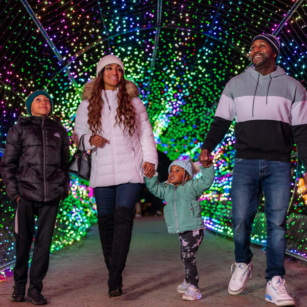 A family wearing winter jackets and beanies walks hand-in-hand through a tunnel of colorful holiday lights at night.