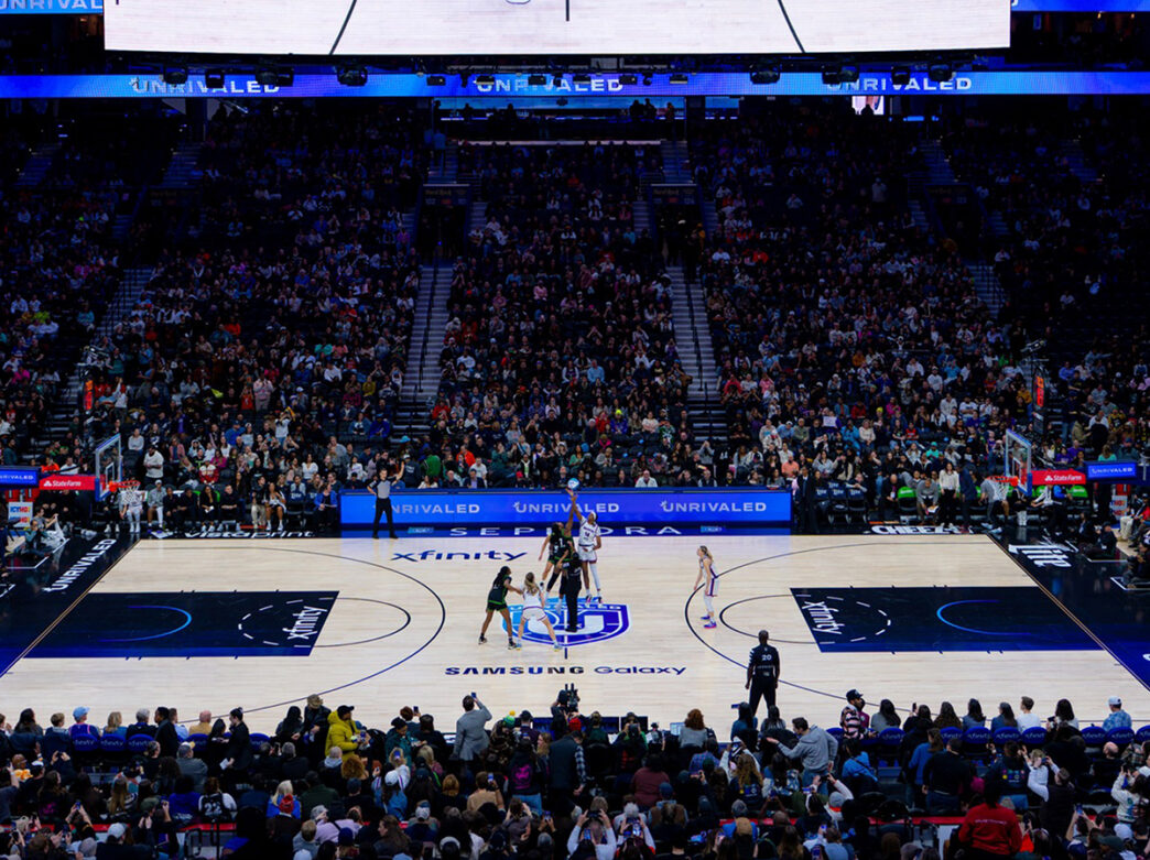 A women's basketball game tips off inside Xfinity Mobile Arena.