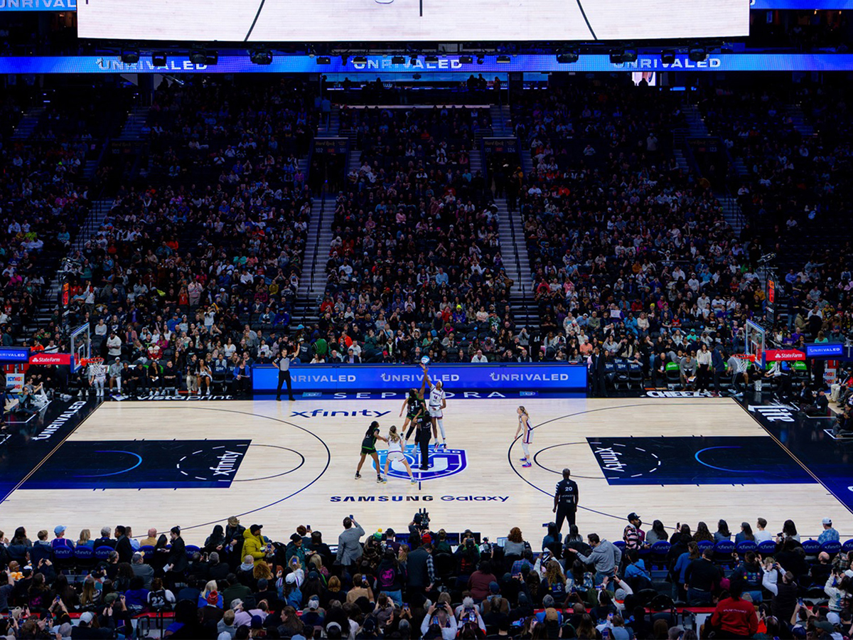 A women's basketball game tips off inside Xfinity Mobile Arena.