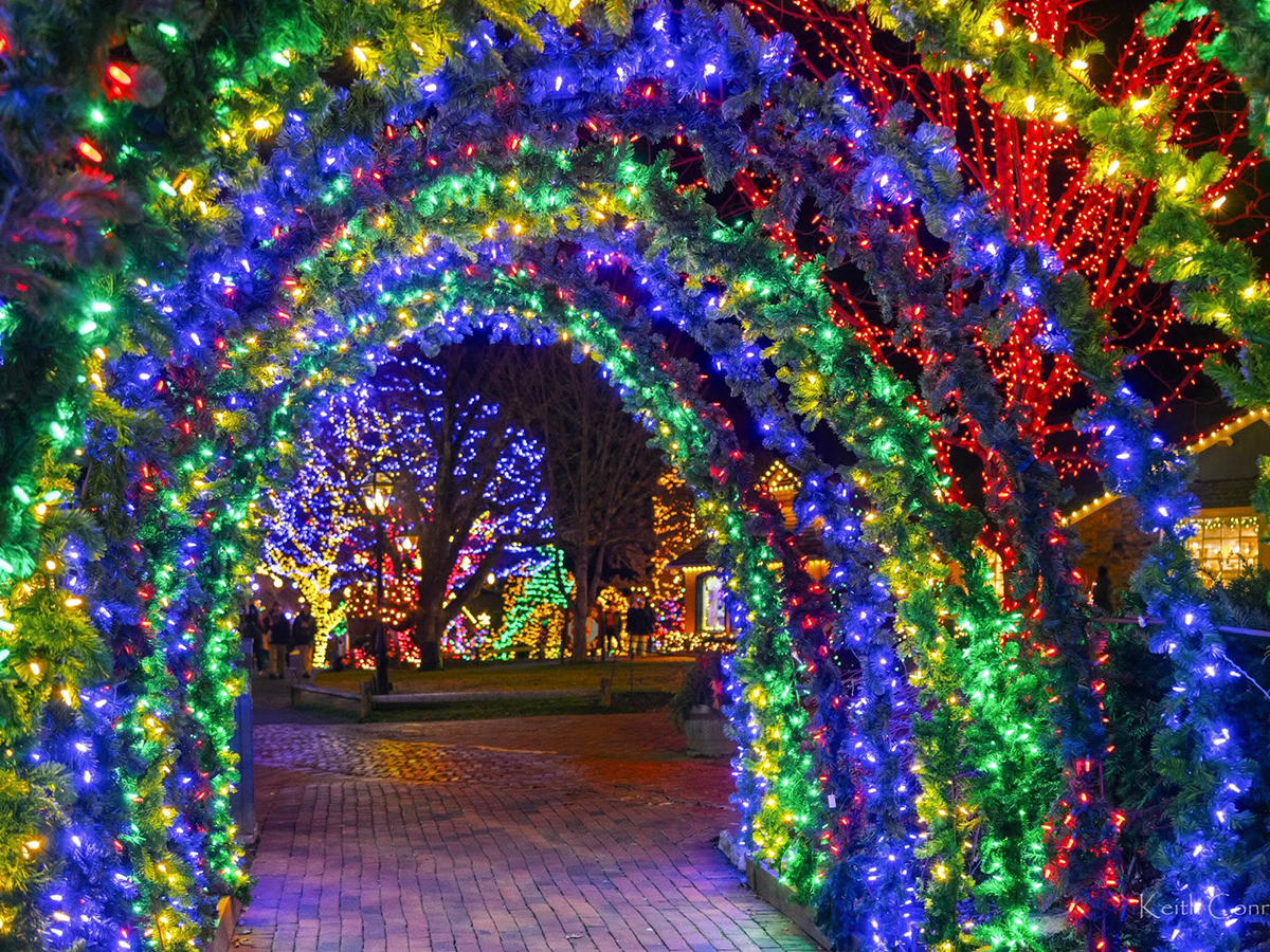 A series of illuminated arches covered in colorful Christmas lights creates a festive walkway tunnel at Peddler's Village.